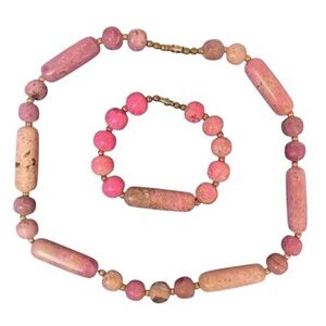 RHODONITE BARREL BEAD Vintage 20” Strand w/ 8” Accompanying Bracelet in Pink